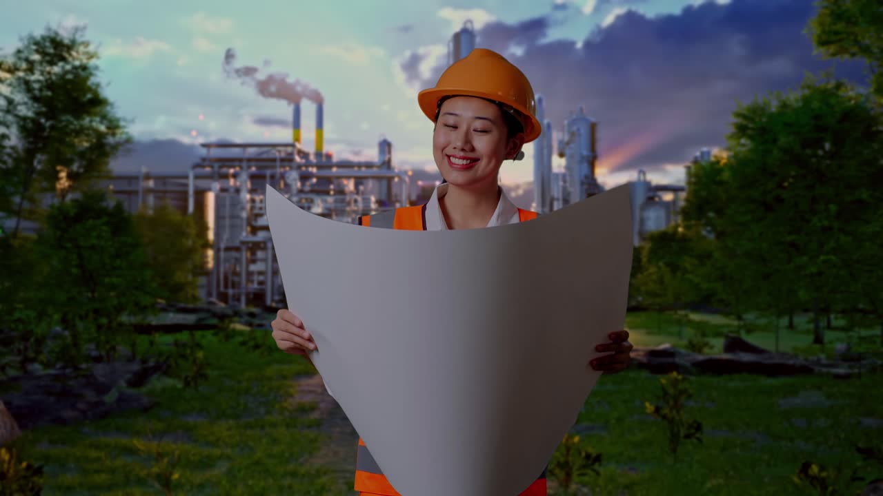 Asian Female Engineer With Safety Helmet Looking At Blueprint In Her Hands While Standing In Front Of Oil Refinery