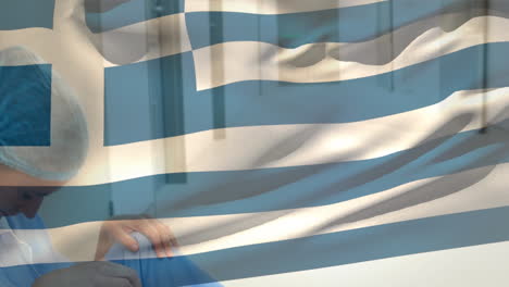 digital composition of greece flag waving over stressed caucasian female health worker at hospital