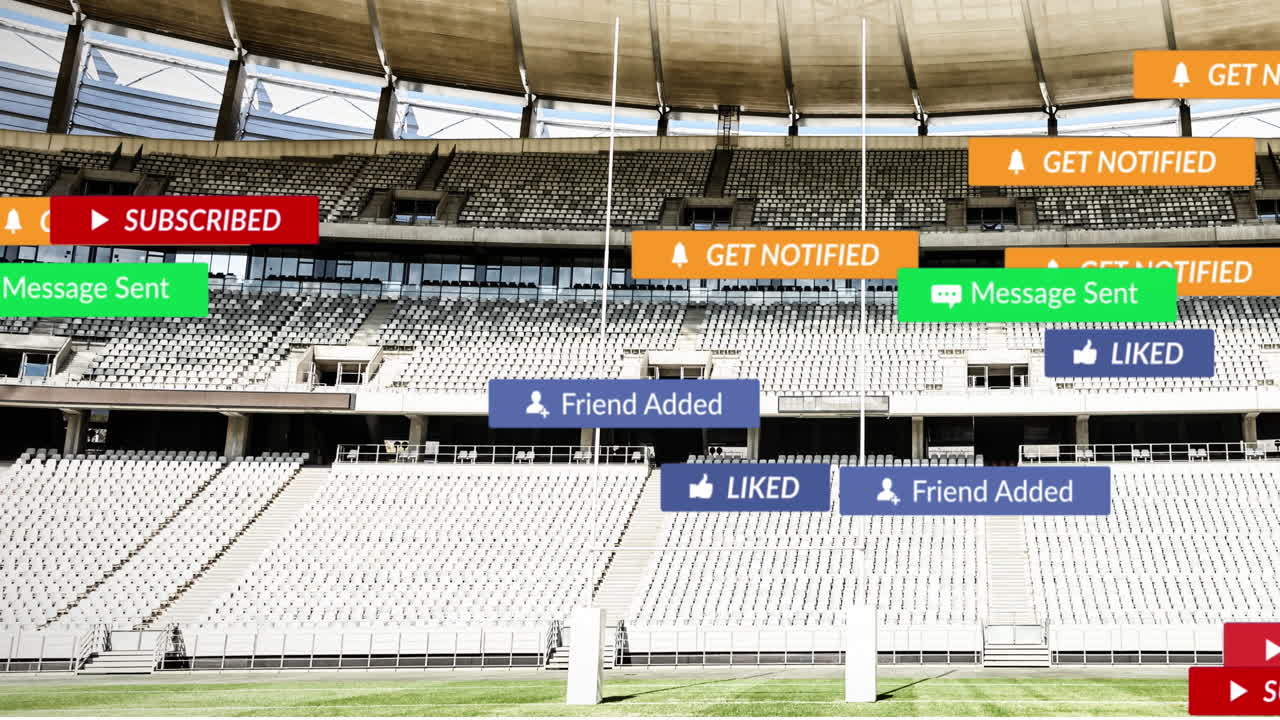 animación de iconos de las redes sociales flotando contra el estadio de deportes de rugby