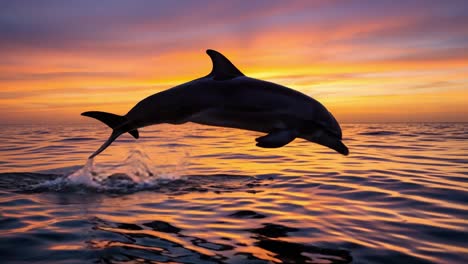 a majestic dolphin leaping through vibrant sunset waters, captivating motion and natural beauty in a serene ocean environment