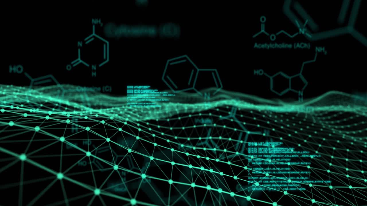 Chemical structures and data processing against digital wave on black background