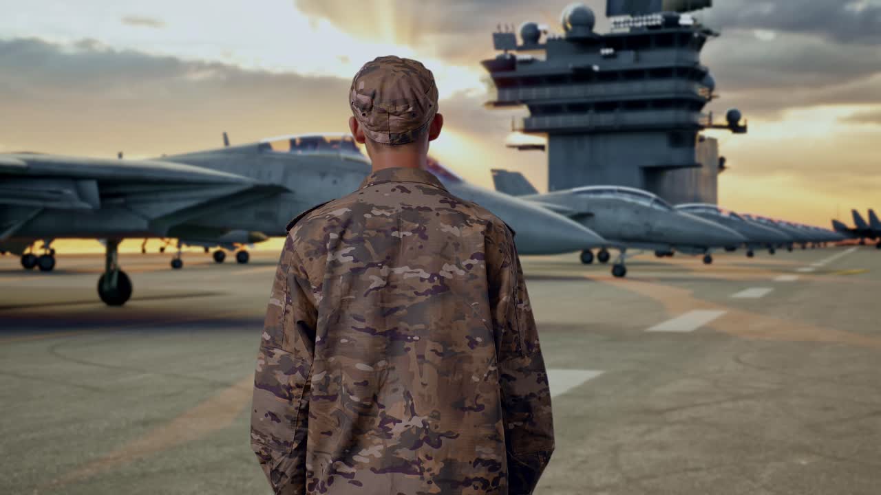 Military Personnel on Aircraft Carrier Deck at Sunset