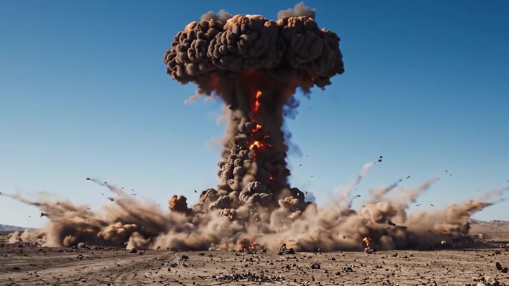 A Dramatic Explosion in a Barren Landscape: Capturing the Raw Power and Impact of a Massive Detonation Against a Clear Sky