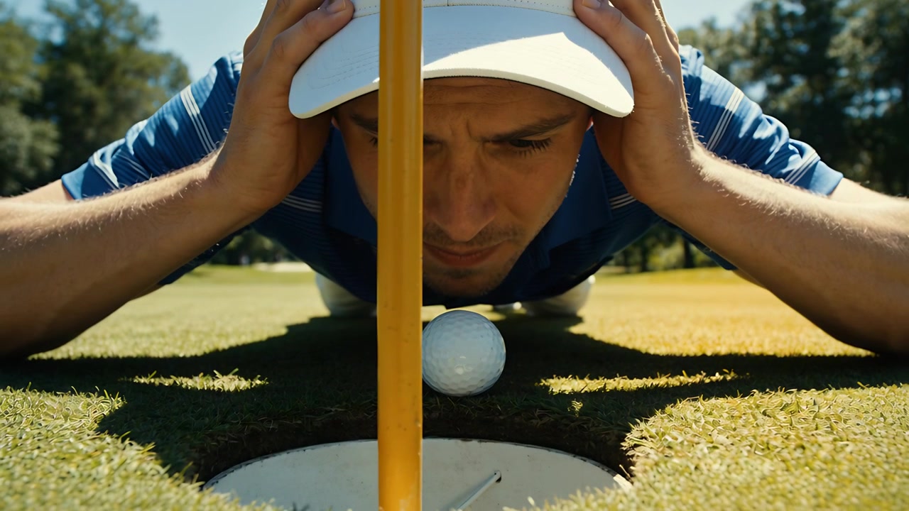 Leaning golfer cap-and-polo checking ball at cup lip by flagstick on putting green for putt