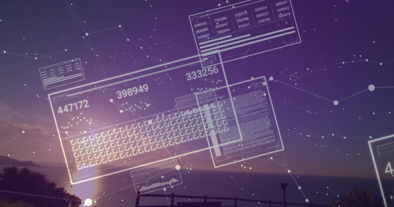 Upon opening holographic data panels floating filling with numbers dissolving to reveal purple sky