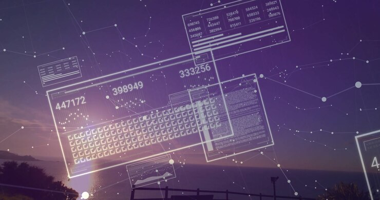 Upon opening holographic data panels floating filling with numbers dissolving to reveal purple sky
