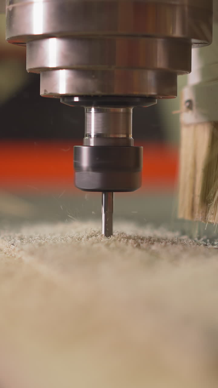 Lathe machine tool head with drill goes down and carves plywood sheet in woodwork shop closeup. Automated instrument with connected brush at plant