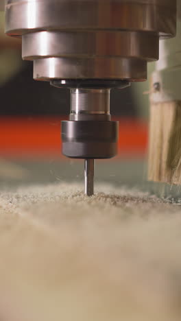 lathe machine tool head with drill goes down and carves plywood sheet in woodwork shop closeup. automated instrument with connected brush at plant