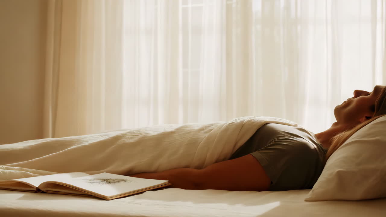 Person resting in bed with a book in the morning light