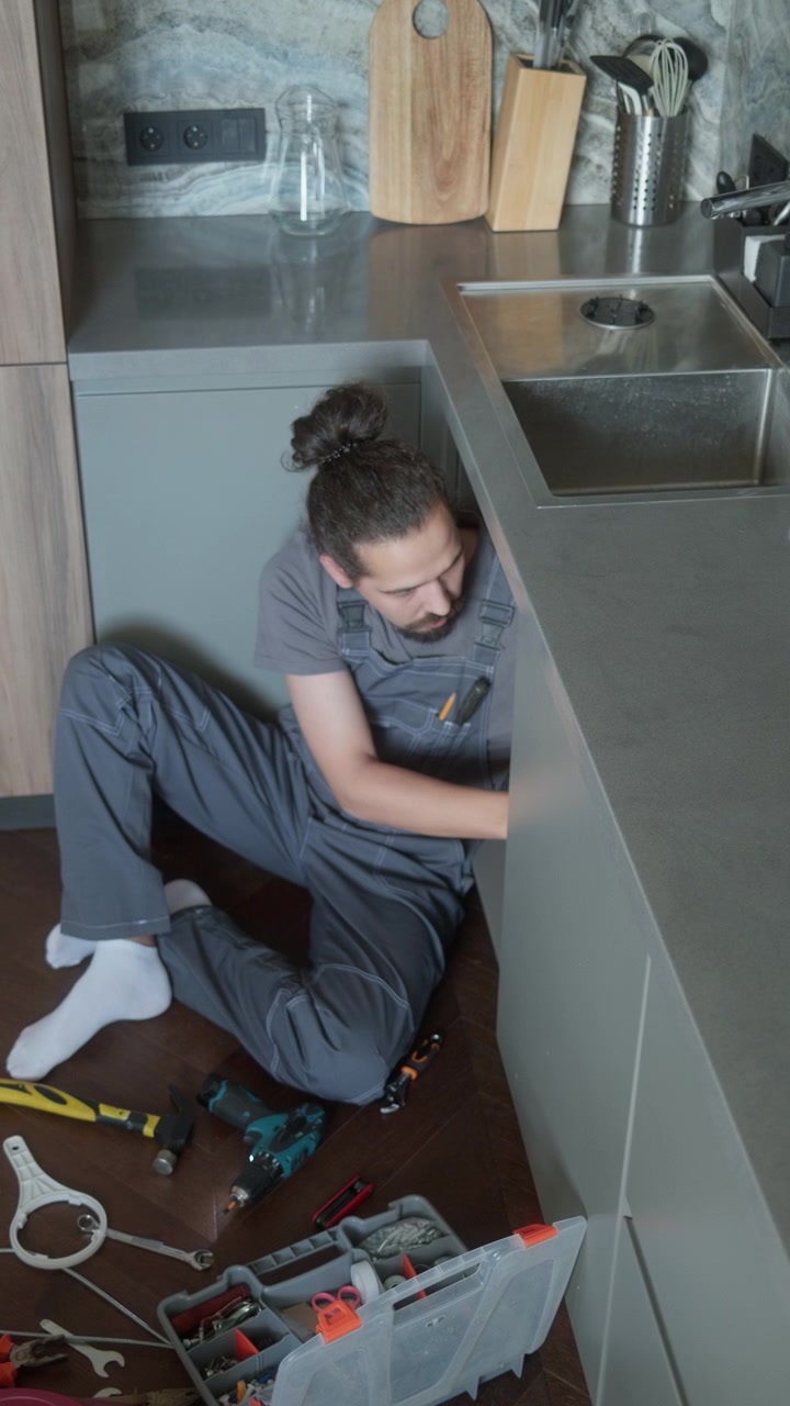 Handyman Sitting on Floor, Fixing Plumbing Pipes under Kitchen Counter