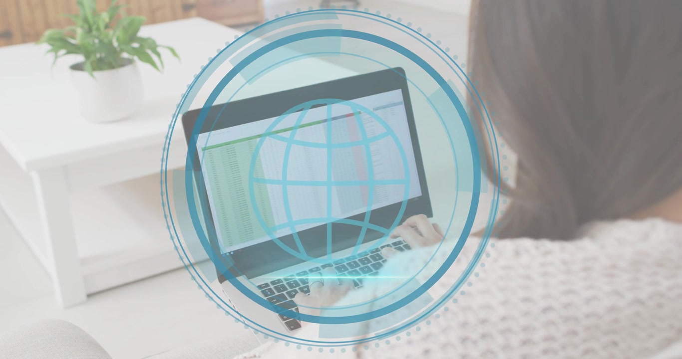 Woman placing laptop and typing with Cyber Security title fading and rings spinning completing scan