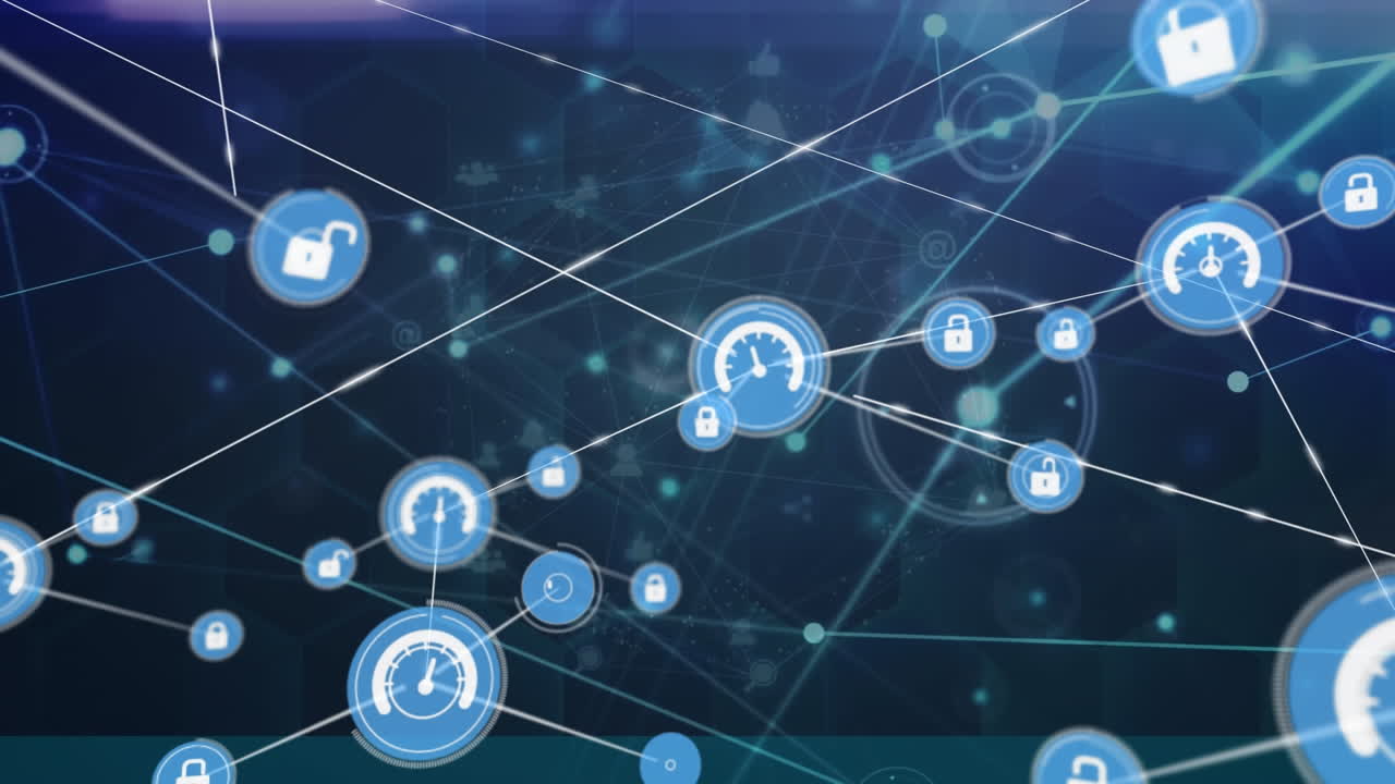 파란색 배경에 있는 빛의 흔적에 대한 디지털 아이콘 네트워크의 애니메이션