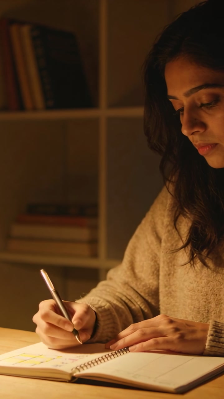 Vertical video: Leaning woman in knit sweater planning in planner at desk holding pen lamp lit