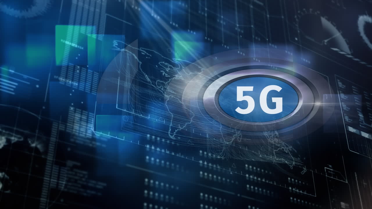 logo 5g su un pulsante con uno schermo di dati sullo sfondo