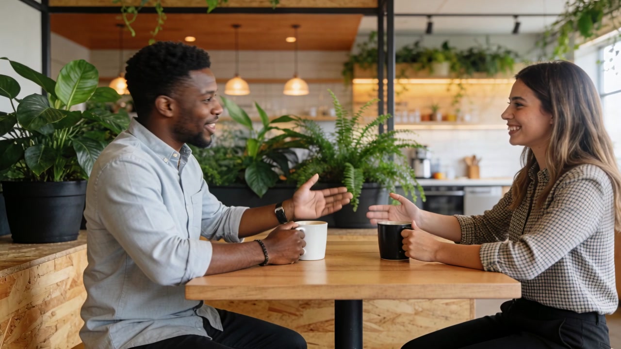 Making eye contact man casual shirt, woman smiling reaching hand at cafe table connecting over mugs