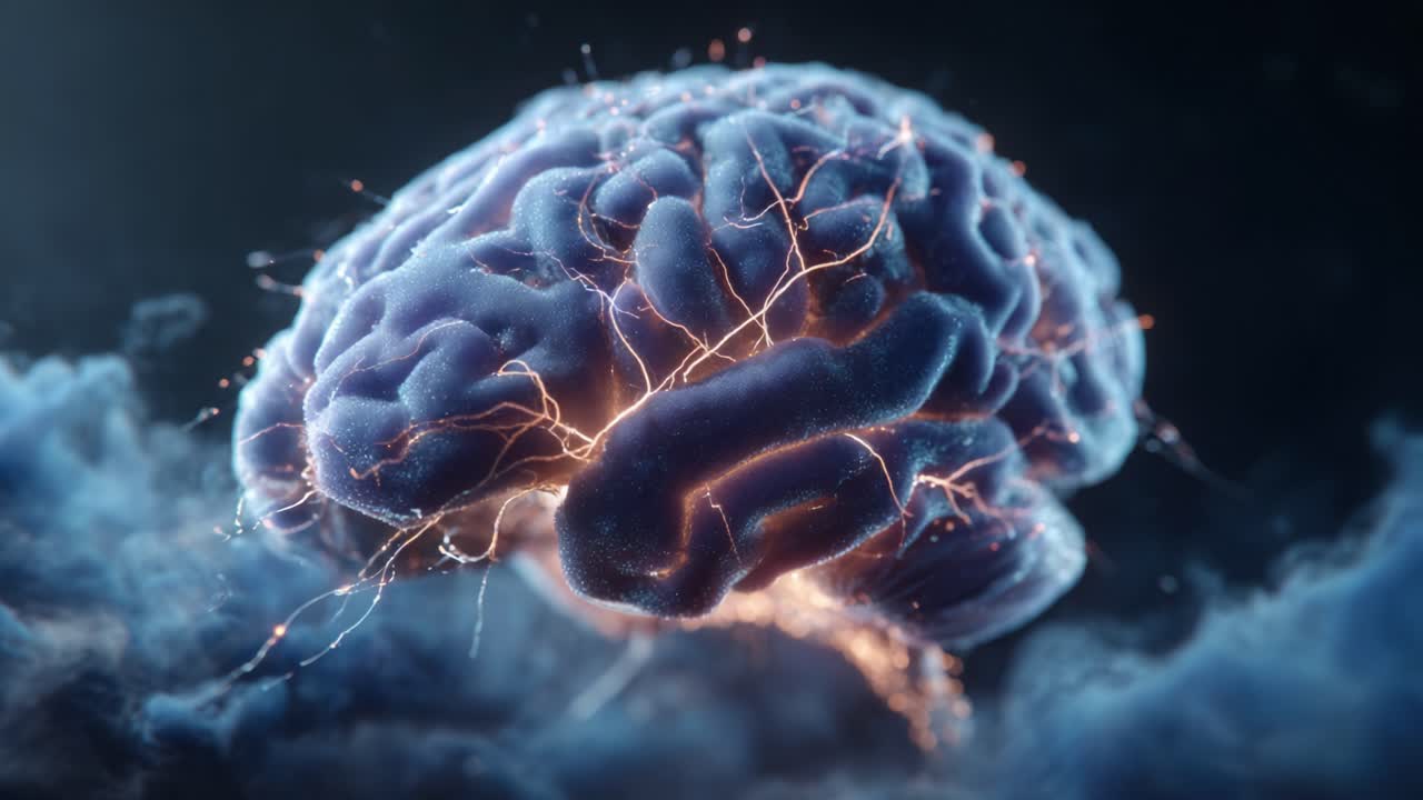 A Dynamic Exploration of Neural Activity: A Stunning Representation of a Brain Surrounded by Ethereal Light and Energy in a Dark Background