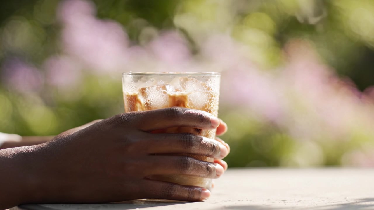 Refreshing Beverage with Ice in Hand Captured in a Beautiful Outdoor Setting, Showcasing the Cool Drink's Colorful Layers and Presenting a Chill Vibe.