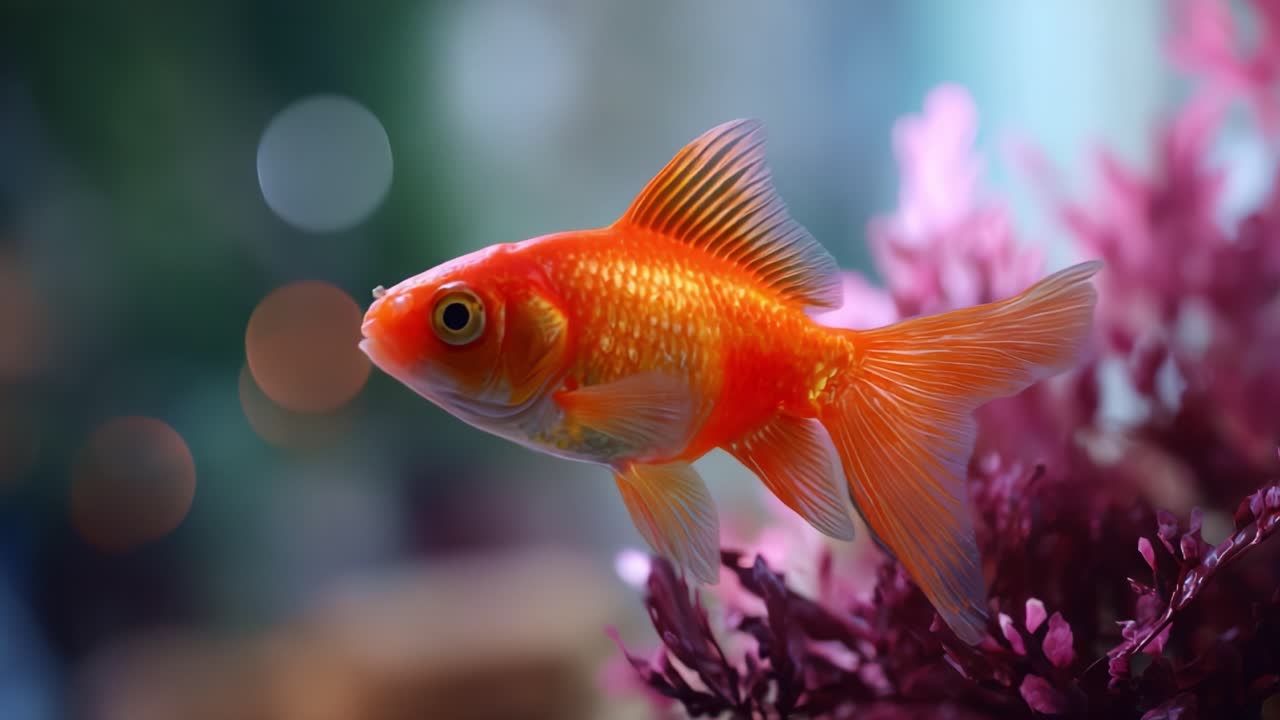 Peixinho dourado cativante nadando graciosamente entre plantas aquáticas vibrantes em um aquário sereno