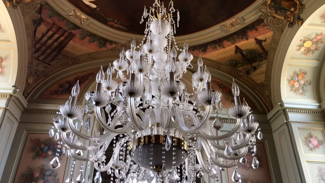 Ornate Crystal Chandelier Under Fresco Ceiling, Hanging Above Grand Salon, Sparkling Glass Drops, Intricate