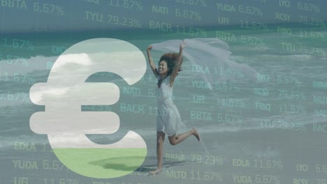 animation of euro symbol and financial data processing over african american woman on beach