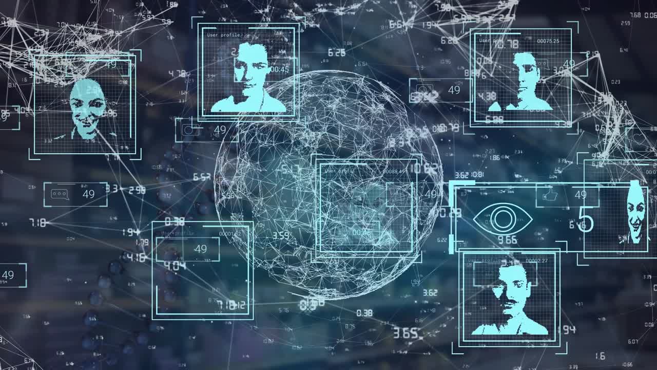Animation of social media users, globe with connections and navy background
