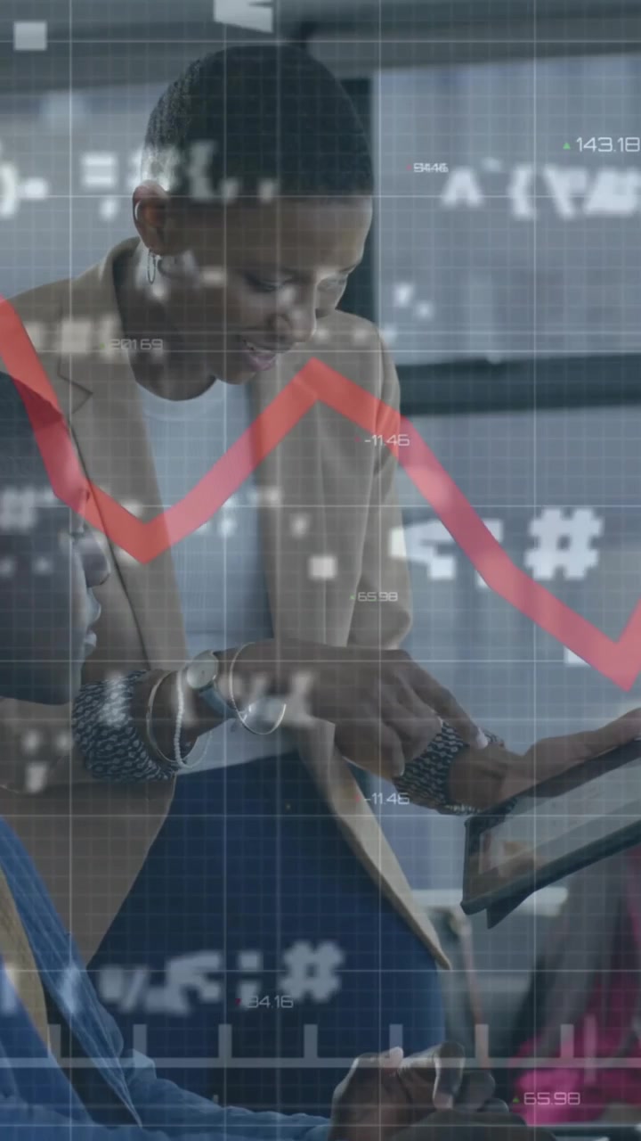 Animation of financial data processing over diverse business people in office