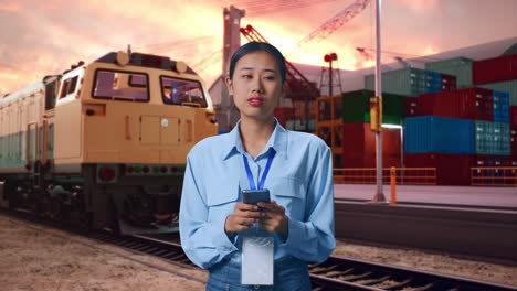 asian female with her smarphone with freight cargo train at port, she observes by looking around before she come to concentrating with her smarphone