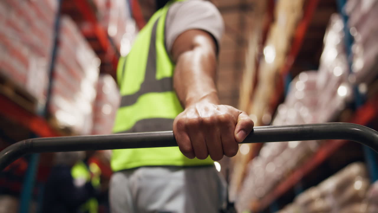 Close-up of Worker's Hand Pushing Cart in Warehouse