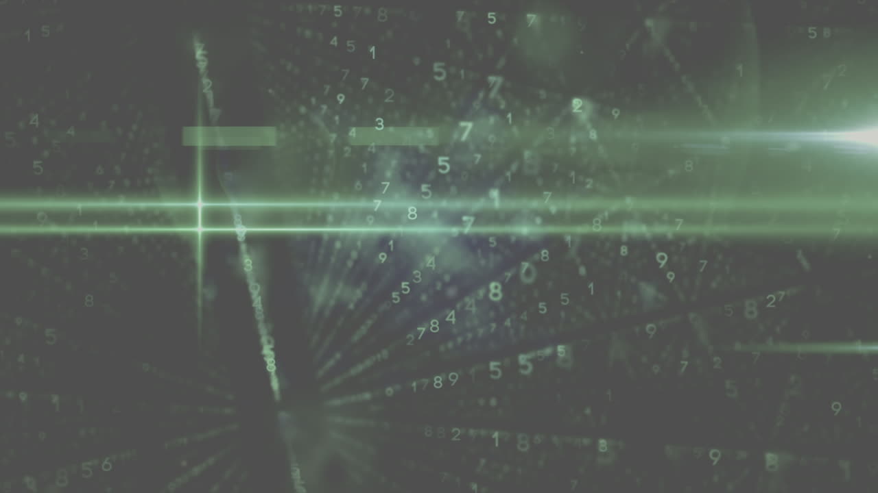 Animation of green binary code and lights on black background
