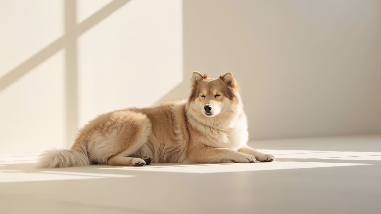 滑らかな淡い床の上で、日光と窓の格子の影を浴びながら、ふわふわのスピッツ犬がまばたきをしている。