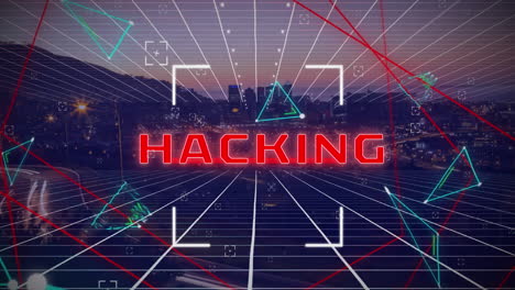 animación de hacking de texto y procesamiento de datos sobre el paisaje urbano