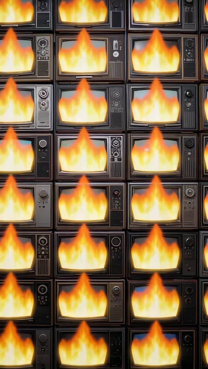 Dikey video: Galeride bir sergi olarak animasyonlu alevler gösteren eski bir CRT TV duvarında başlayan oynatma.