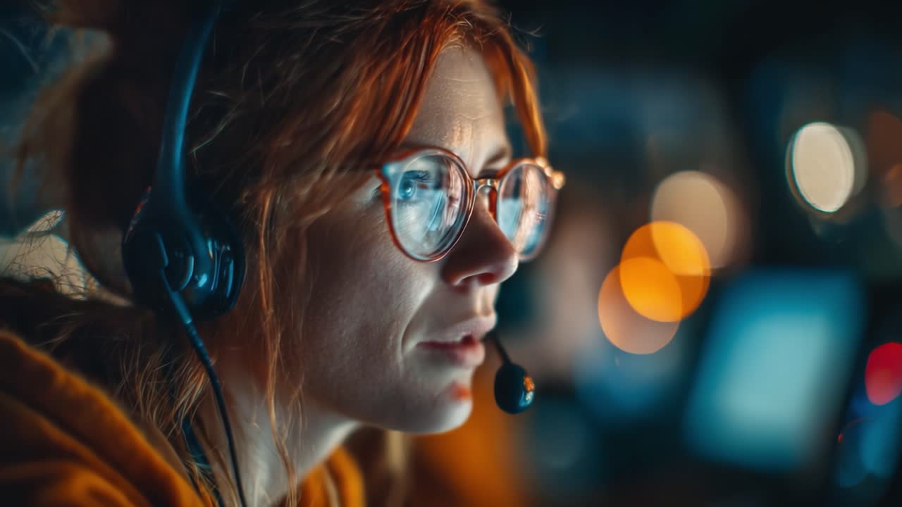 Focused professional engaged in communication using a headset, demonstrating concentration and expertise in a dynamic tech environment with vibrant bokeh background effects