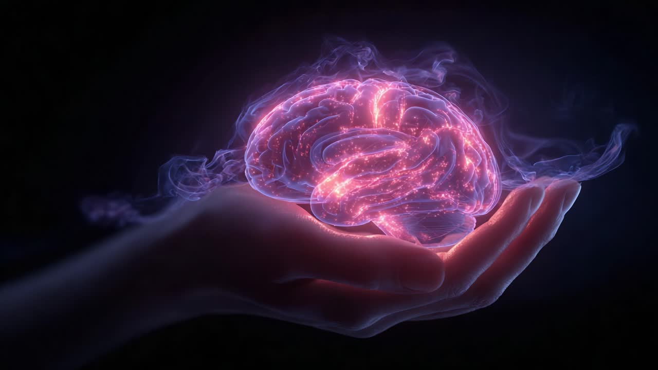 Un cervello luminoso avvolto in fumo etereo: l'intersezione tra neurologia e immaginazione in un'accattivante rappresentazione visiva