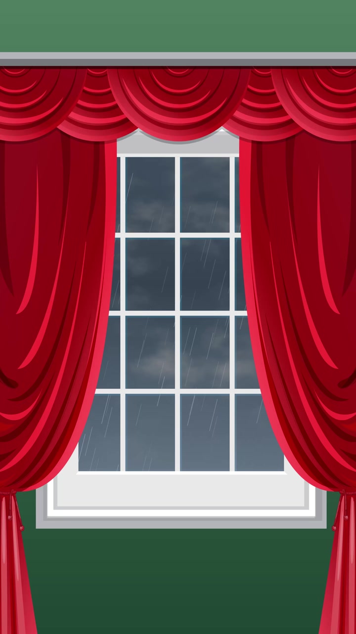 2D animated interior window with classic red curtains and falling rain against cloudy skies.