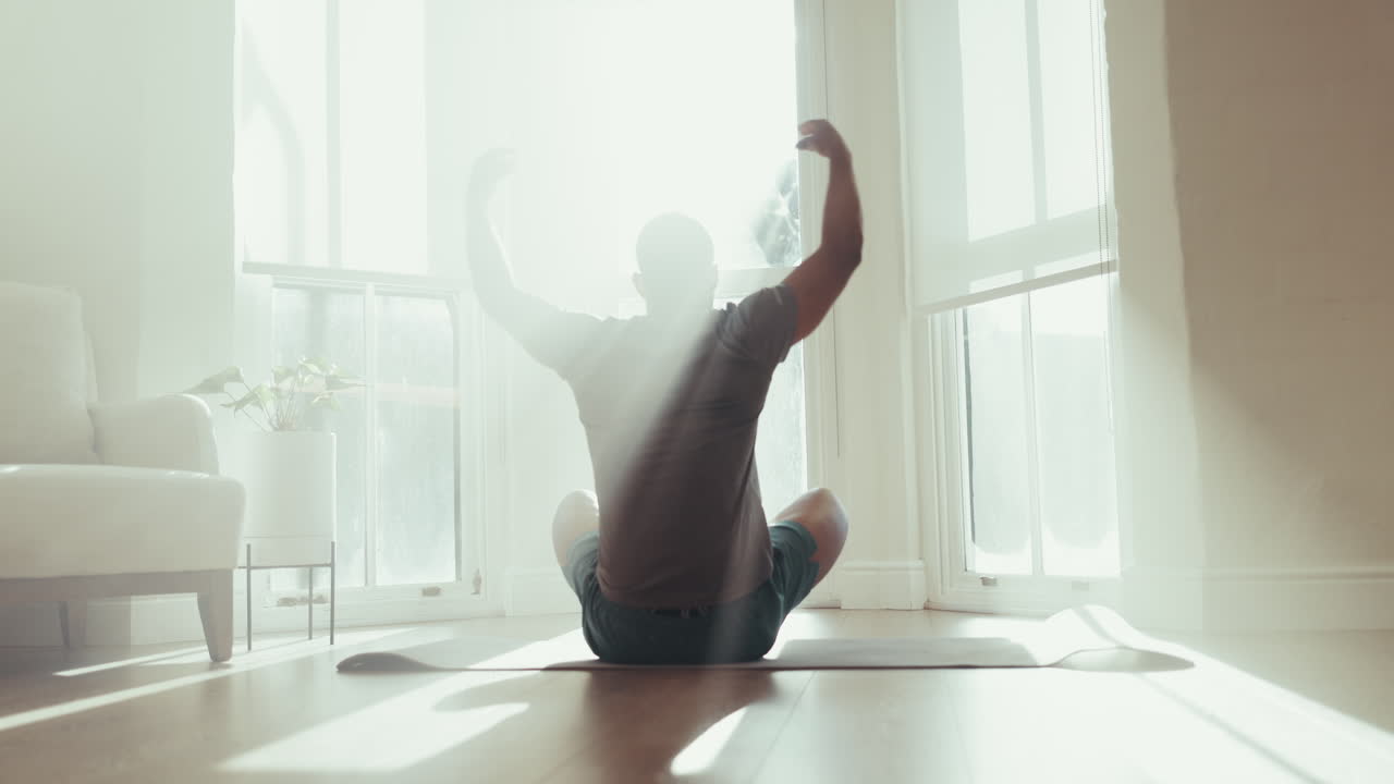 휴식, 명상, 그리고 남자와 함께 스트레칭