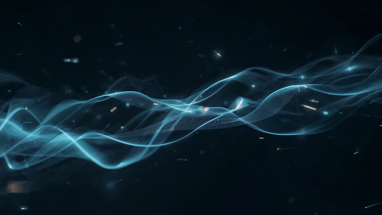 Advancing frames moving layered blue ribbon sweeping across dark void, for flow with embers