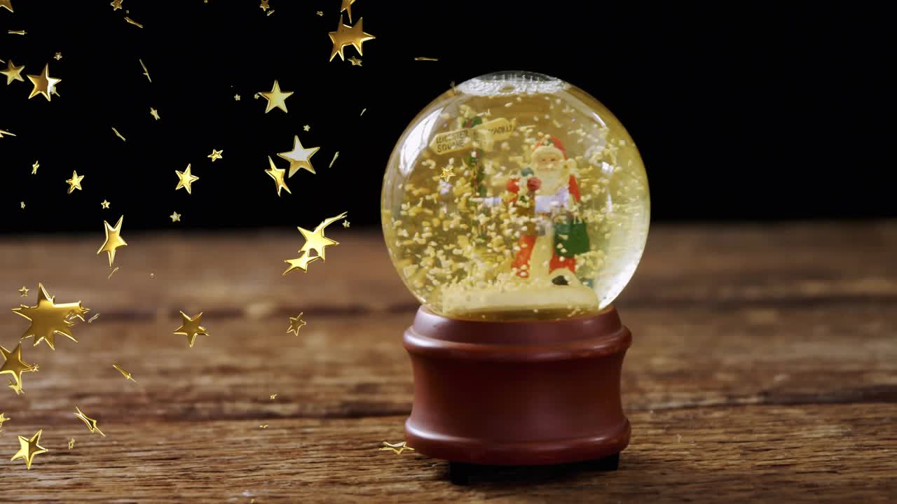 Star glitter drifting from left forming swirl around Santa globe adding festivity