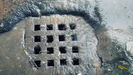 top view of rainwater rushing into street drain during heavy rainfall – shows urban flooding, drainage and climate change impact.