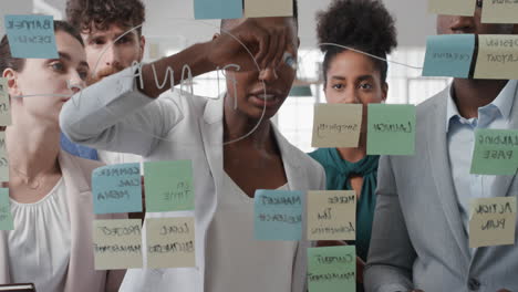 Geschäftsleute-Aus-Unternehmen,-Die-Haftnotizen-Verwenden,-Brainstorming-Zur-Problemlösungsstrategie-Auf-Glas-Whiteboard,-Teamleiterin,-Frau,-Die-In-Bürobesprechung-Die-Lösung-Für-Die-Projektfrist-Zeigt