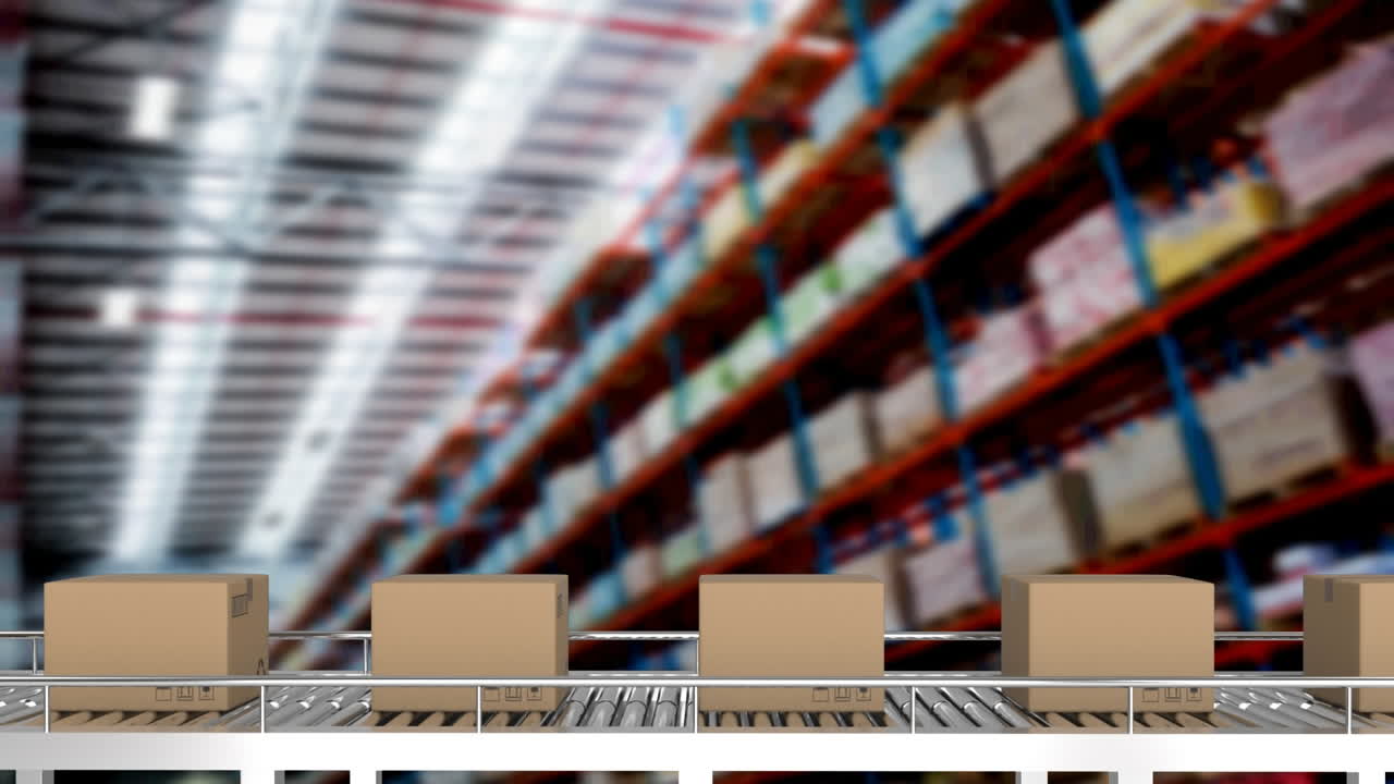 animación de cajas de cartón que se mueven en cinta transportadora sobre el almacén