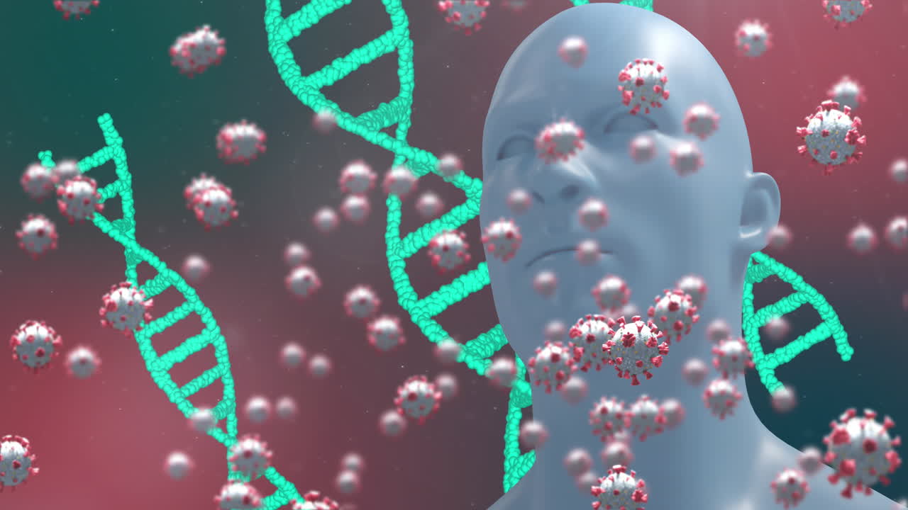 검은 바탕에 인간의 머리와 바이러스 세포가 있는 dna 가닥의 애니메이션