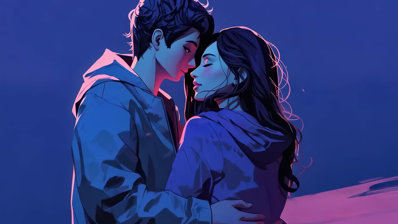 Romantic video scene in an animated style, featuring a close-up angle of a couple embracing