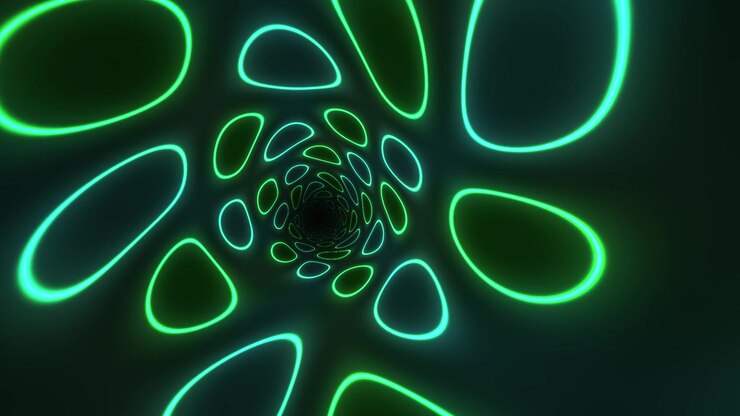 Voando Através de um Túnel de Formas Orgânicas Abstratas Brilhantes em Neon Verde e Azul