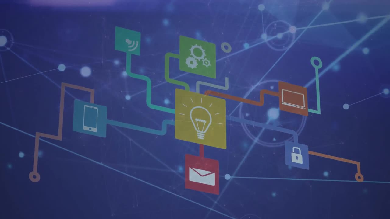 추상적인 배경 위의 선과 연결되는 다채로운 아이콘의 애니메이션