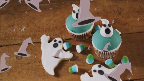 animation of witch hat icons over halloween cakes