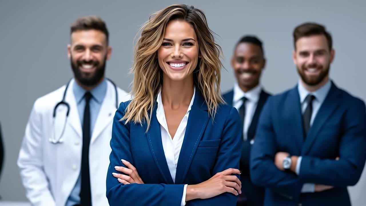 A woman in a blue suit standing in front of a group of doctors