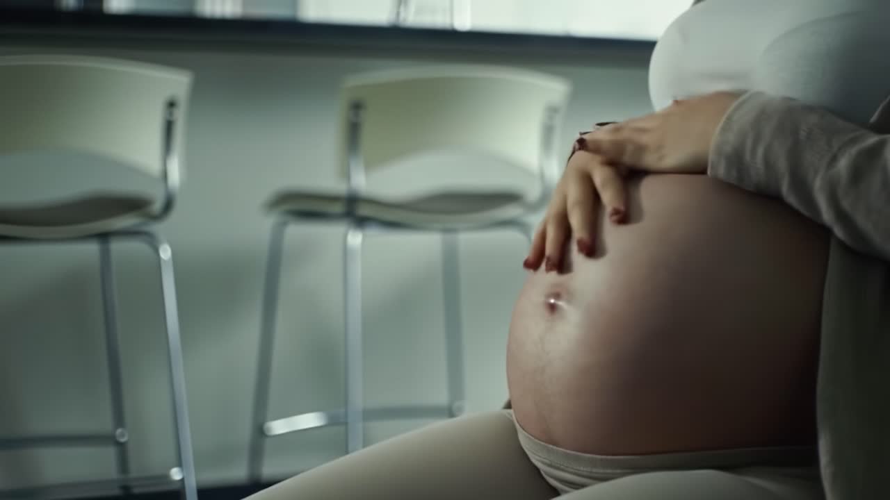 A pregnant individual rests comfortably, gently cradling their belly while seated in a serene environment.