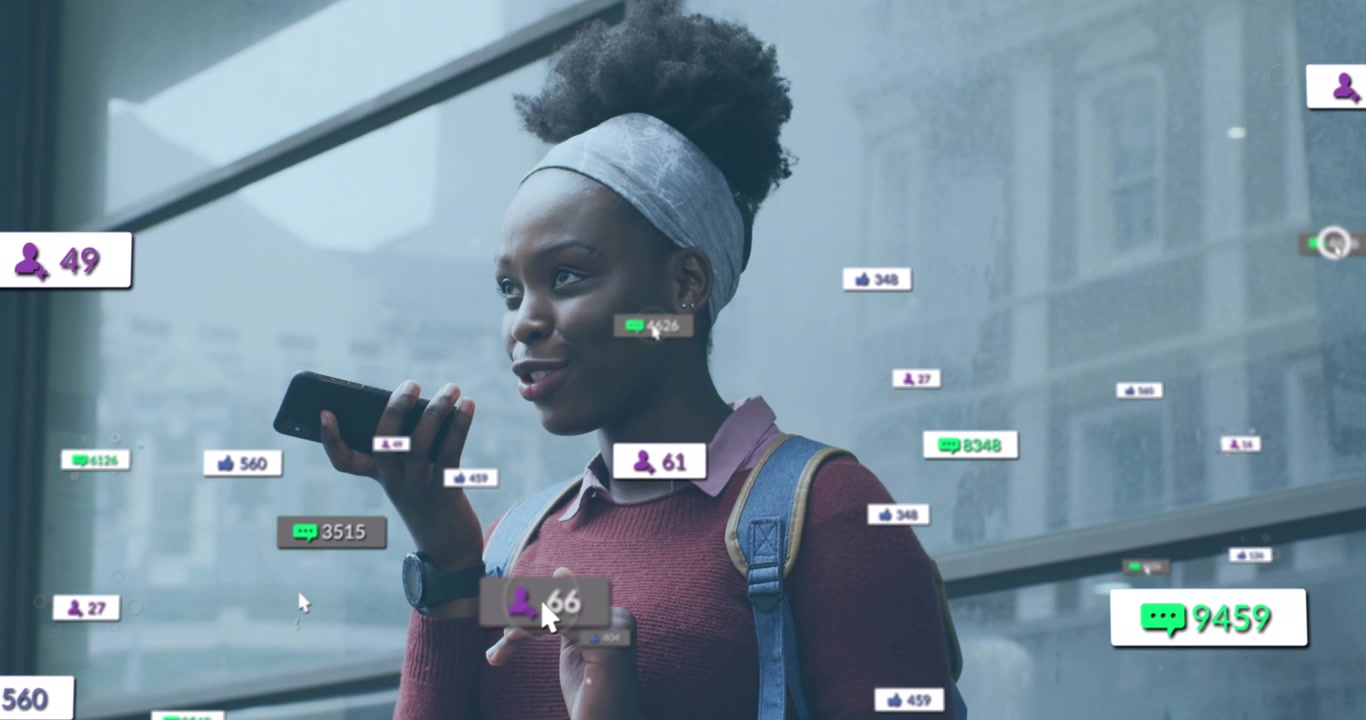 Animation of social media icons with numbers over african american woman talking on smartphone