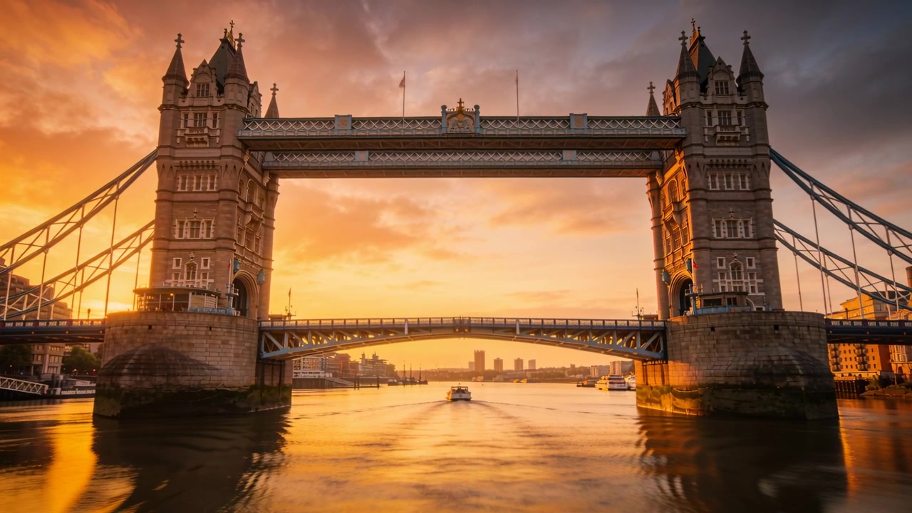 Pequeno barco navegando, deixando um rastro largo em direção à Tower Bridge no Rio Tâmisa, com a luz do nascer do sol varrendo a paisagem.